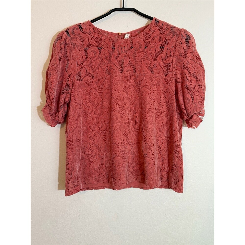 Anthropologie Parvati Lace Top Womens M Blush Pink Puff Sleeve